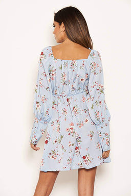 Blue Floral Print Tie Neckline Long Sleeve Dress