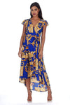 Blue and Gold Patterned Wrap Over Tie Waist Belt Dress