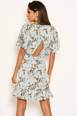 Blue Floral Print Cross Back Dress