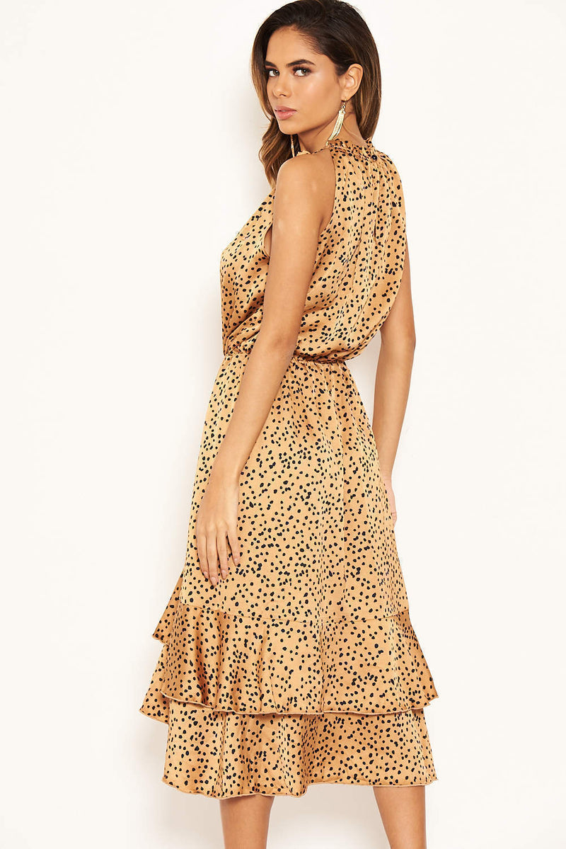 Camel Spotty High Ruffle Neck Midi Dress