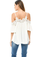 Cream Crochet Trim Cold Shoulder Top