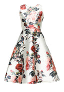 Cream Sleeveless Skater Midi Dress with Rose Print