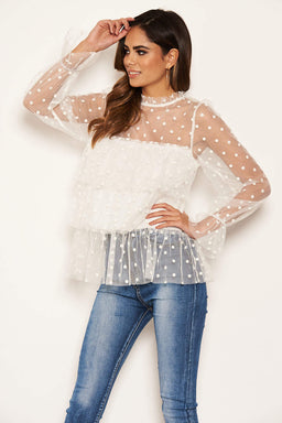 Cream Mesh Polka Dot Frill Top