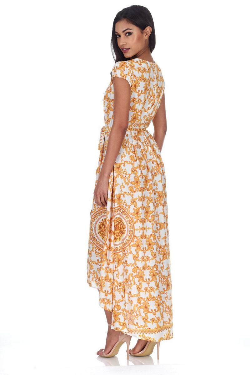 Cream And Gold Patterned Wrap Over V Neck Dress
