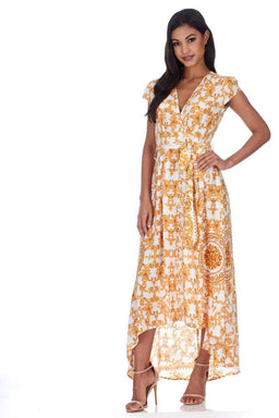 Cream And Gold Patterned Wrap Over V Neck Dress