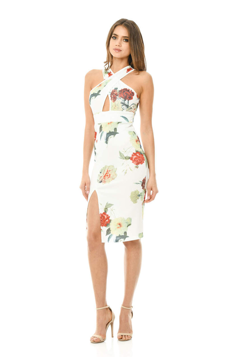 Cream Midi Dress with Floral Cross Front