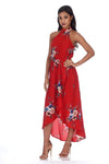 Red Floral Asymmetric Choker Neck Maxi Dress