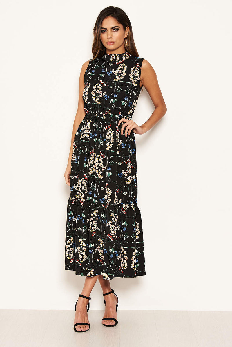 Black Paisley Frill Maxi Dress