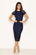 Navy Lace Trim Bodycon Midi Dress