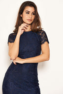 Navy Lace Trim Bodycon Midi Dress