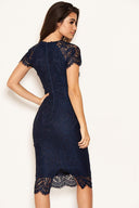 Navy Lace Trim Bodycon Midi Dress