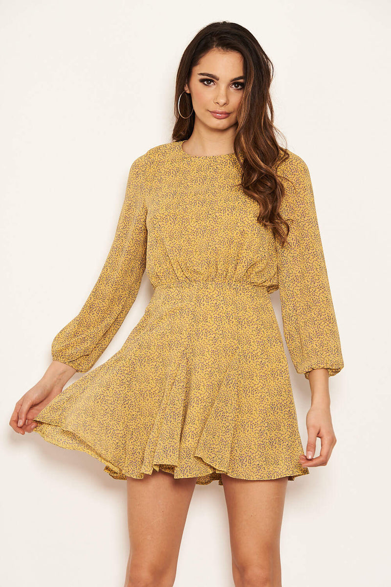 Yellow Printed Long Sheer Sleeve Dress