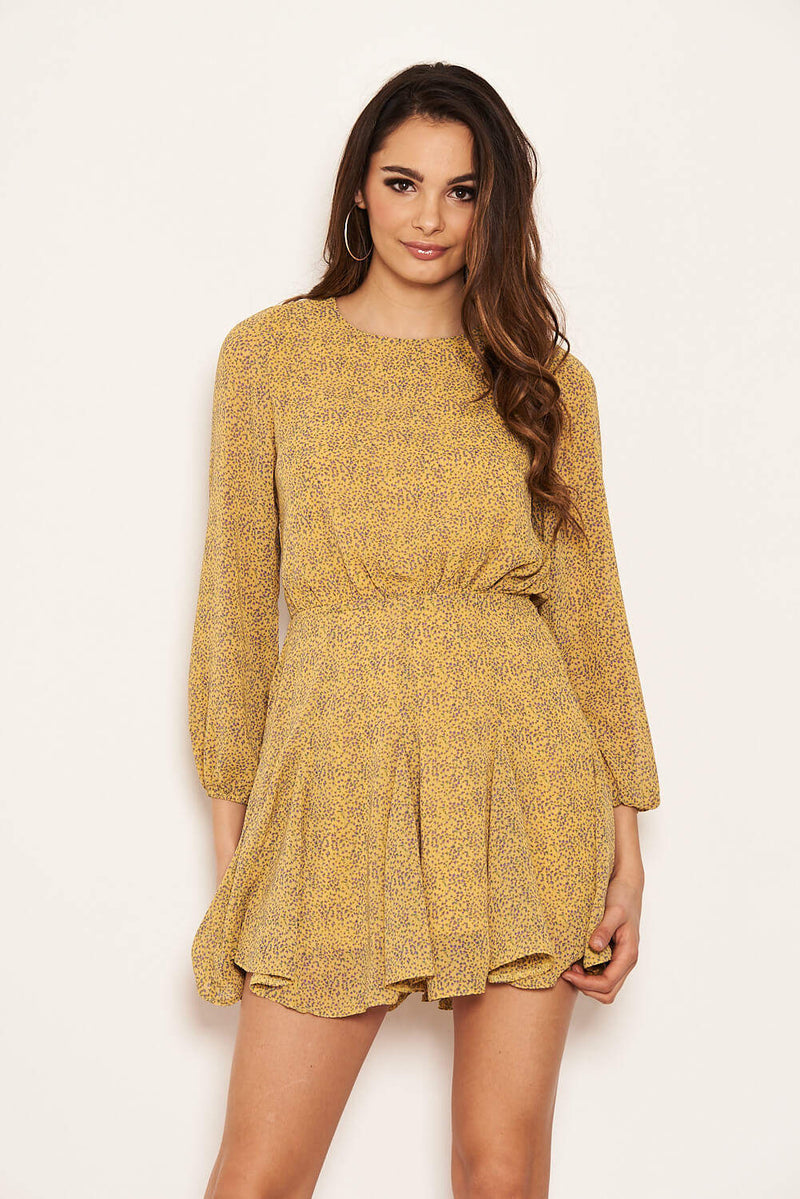 Yellow Printed Long Sheer Sleeve Dress