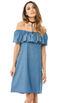 Blue Denim Dress Off Shoulder Frill Feature