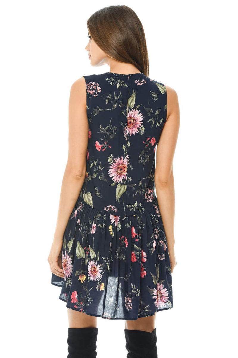 Navy Floral Printed Dipped Back Dress