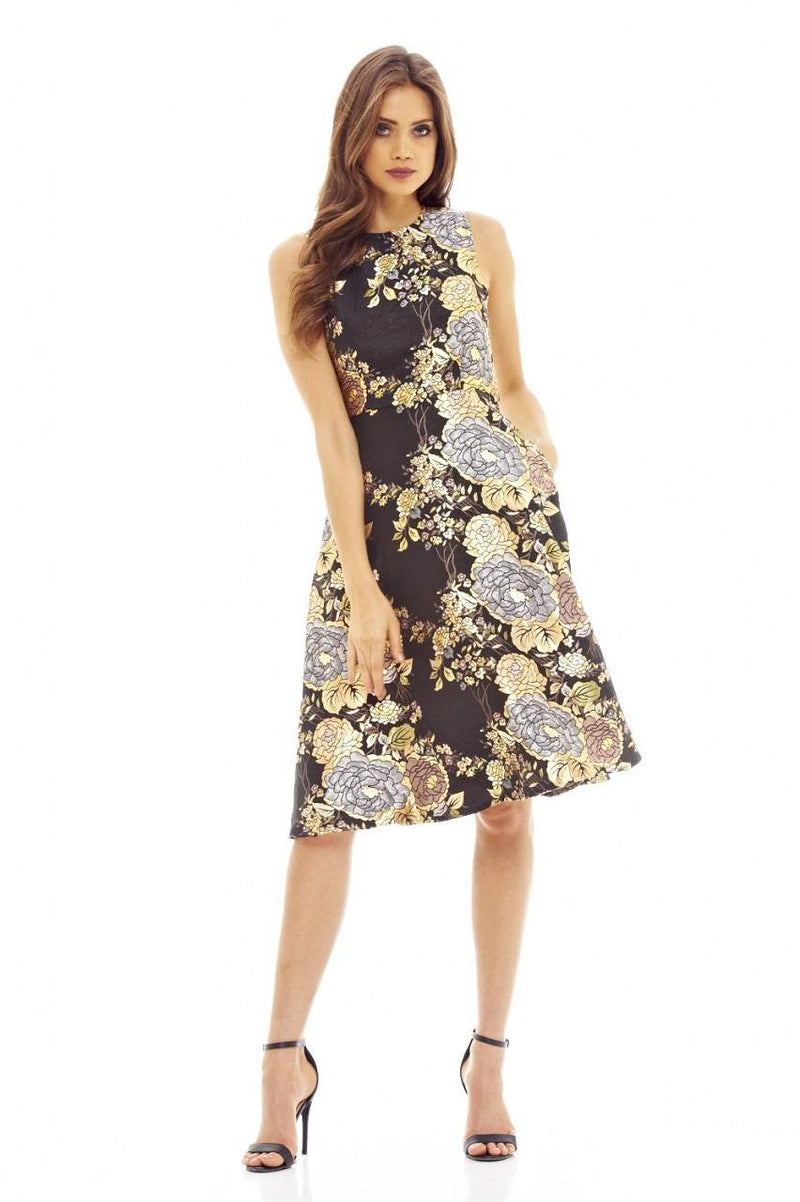 Black Floral Skater Dress with Metallic Detail