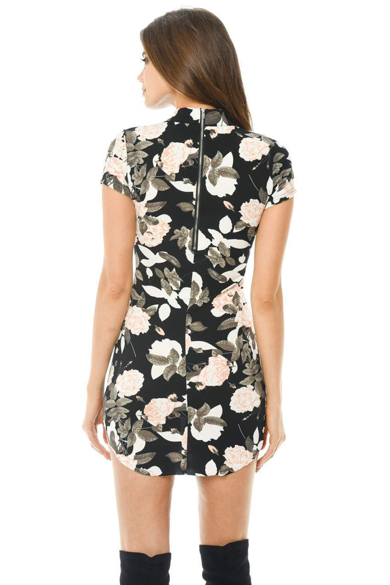 Black Printed Capped Sleeve Bodycon Dress