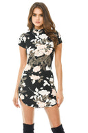 Black Printed Capped Sleeve Bodycon Dress