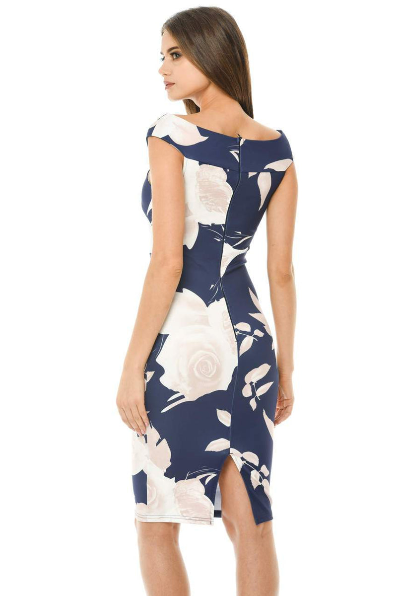 Navy Bardot Floral Bodycon Dress