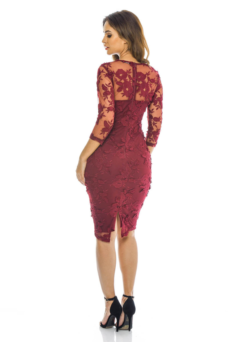 Wine Midi Floral Dress with Lace Detail