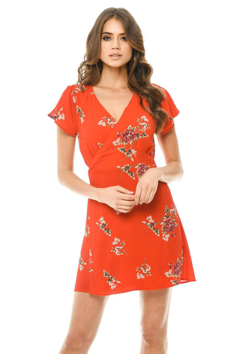 Red Floral Wrap Dress