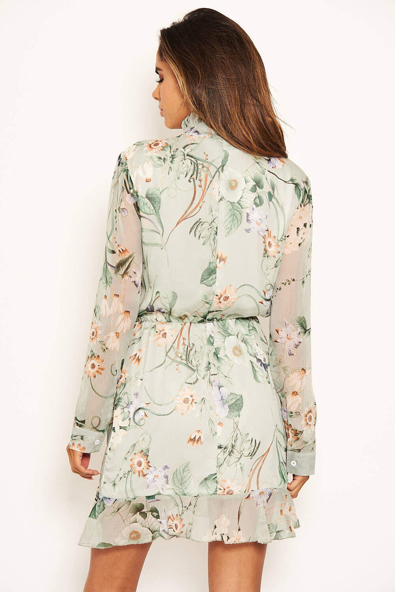 Mint Floral Button Front Long Sleeve Dress