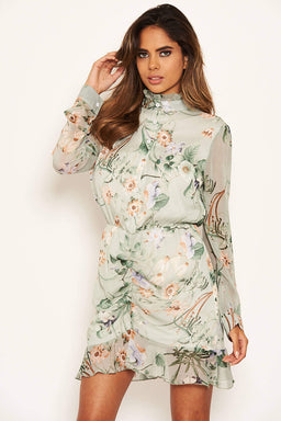 Mint Floral Button Front Long Sleeve Dress