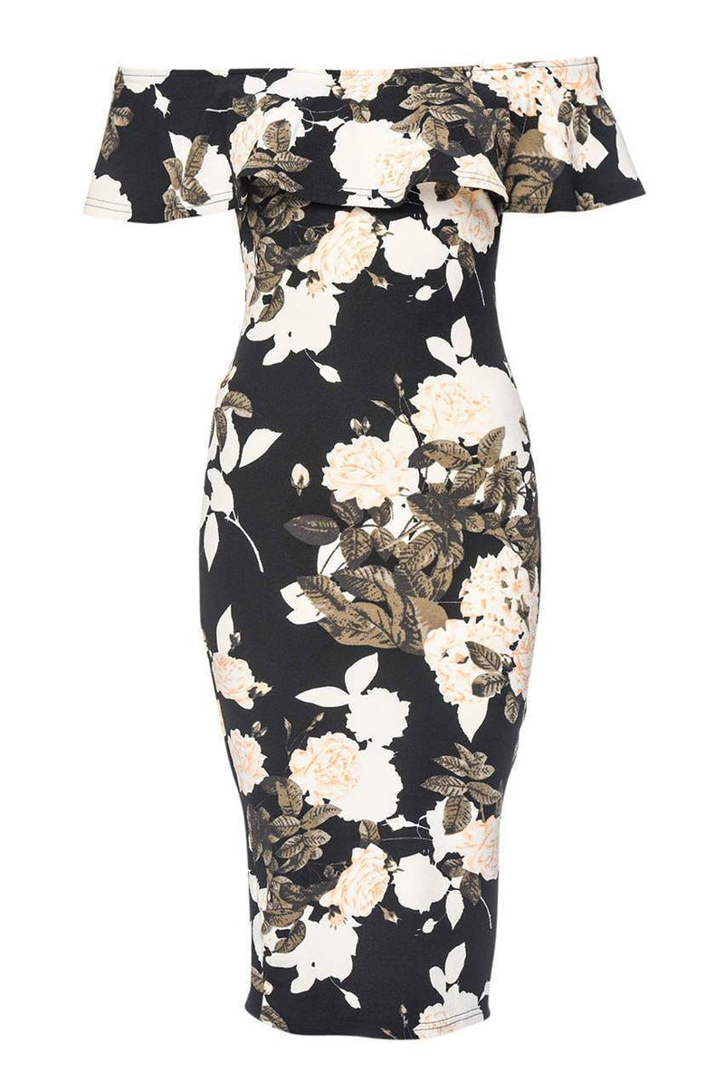 Black Bardot Floral Bodycon Dress