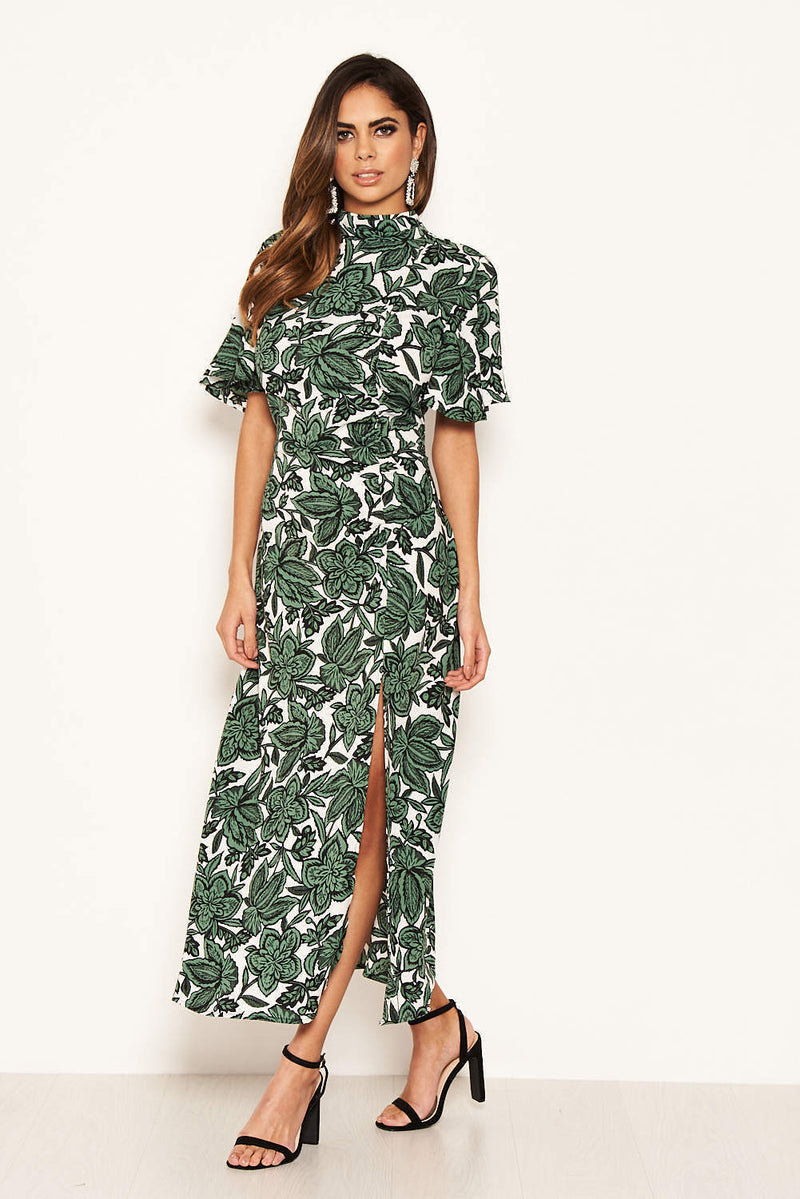 Green Floral Printed High Neck Maxi Dress
