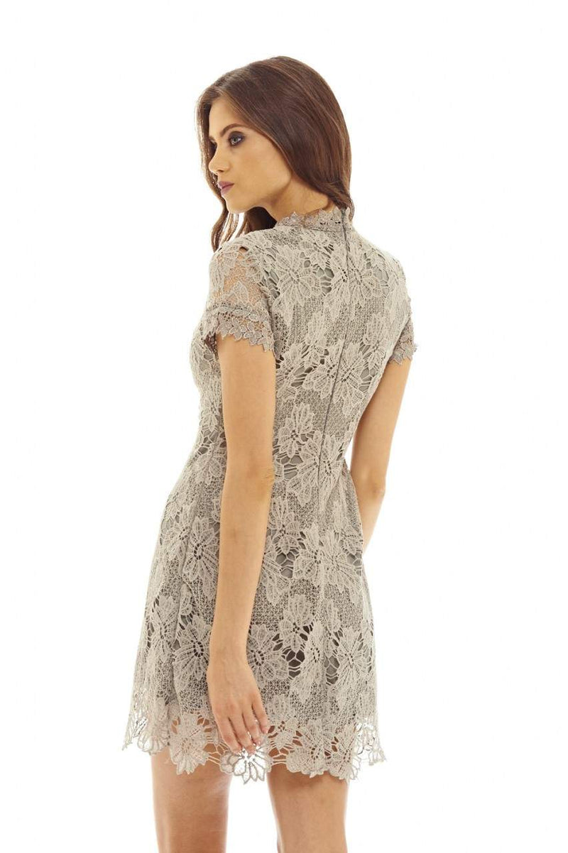 Grey High Neck Lace   Dress