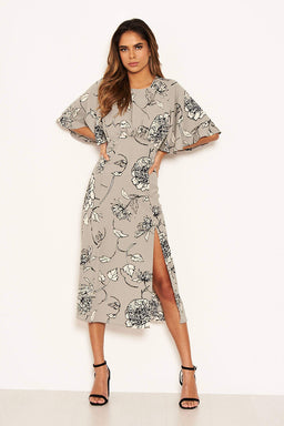 Grey Floral Gathered Split Midi Dress
