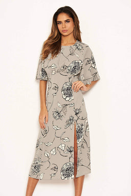 Grey Floral Gathered Split Midi Dress