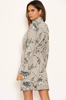 Grey Floral Ruched Shirt Dress