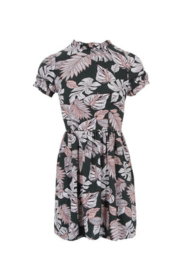 Khaki Leaf Style Print With Frill Detail Mini Dress