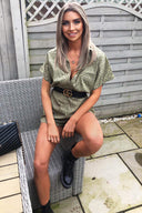 Khaki Shirt Style Love Heart Spotty Playsuit