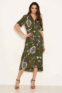 Khaki Printed Shirt Midi Dress