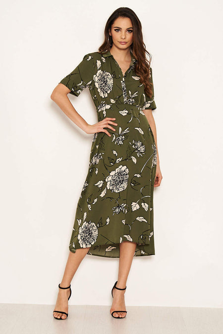 Khaki Printed Shirt Midi Dress