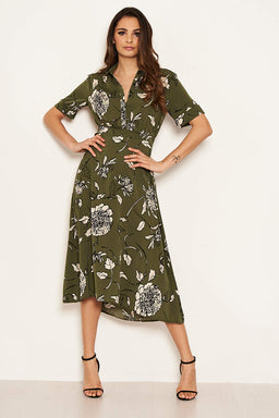 Khaki Printed Shirt Midi Dress