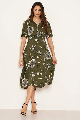 Khaki Printed Shirt Midi Dress