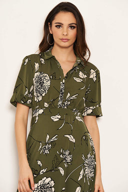 Khaki Printed Shirt Midi Dress