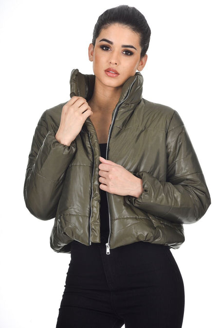 Khaki Wet Look Puffer Jacket