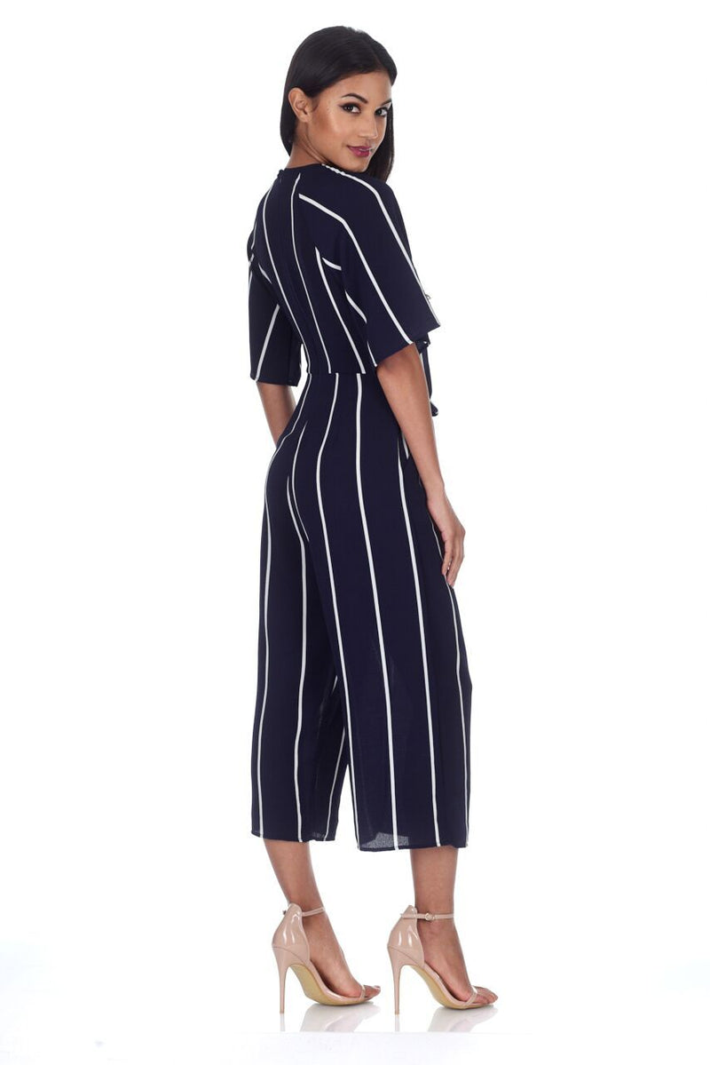 Navy Tie Front Striped Jumpsuit