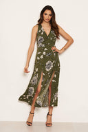 Khaki Printed Split Front Midaxi Dress