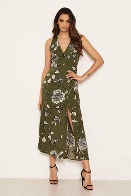 Khaki Printed Split Front Midaxi Dress