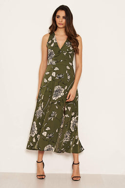 Khaki Printed Split Front Midaxi Dress