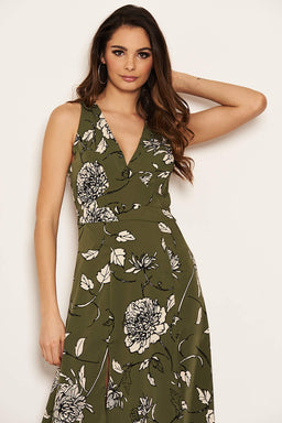 Khaki Printed Split Front Midaxi Dress