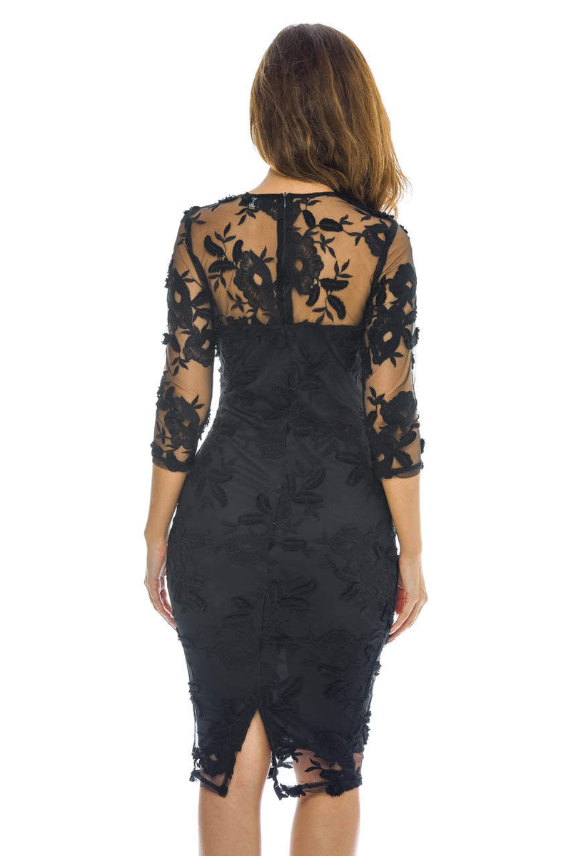 Black Floral Midi Dress with Lace and Long Sleeves