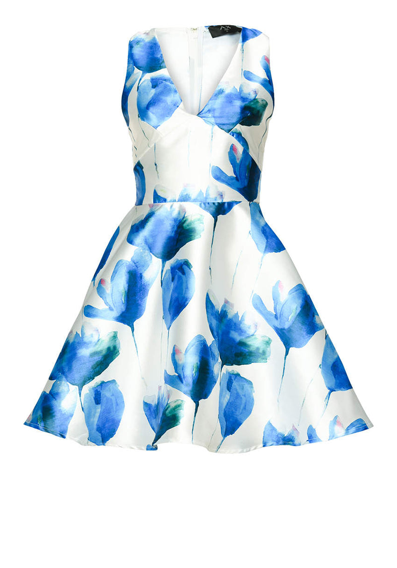 Cream Mini Skater Dress with Blue Floral Print