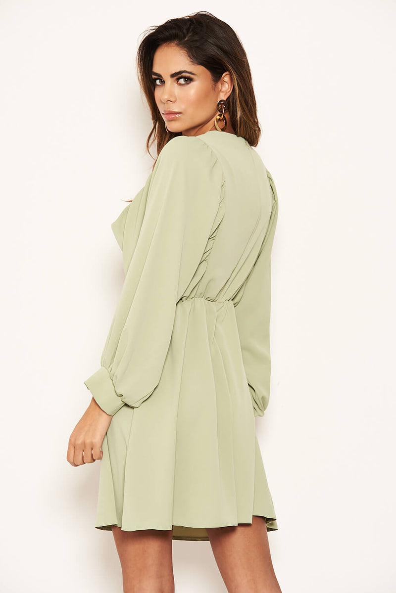 Mint Pleated V Neck Mini Dress