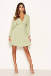 Mint Pleated V Neck Mini Dress